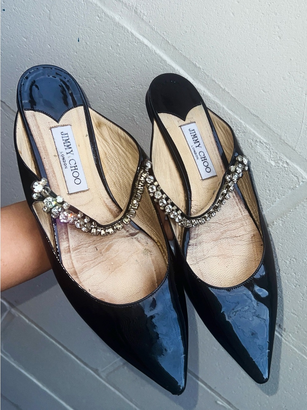 Jimmy Choo Patent Leather Crystal Embellishments Mules Size 41 & US size 11.